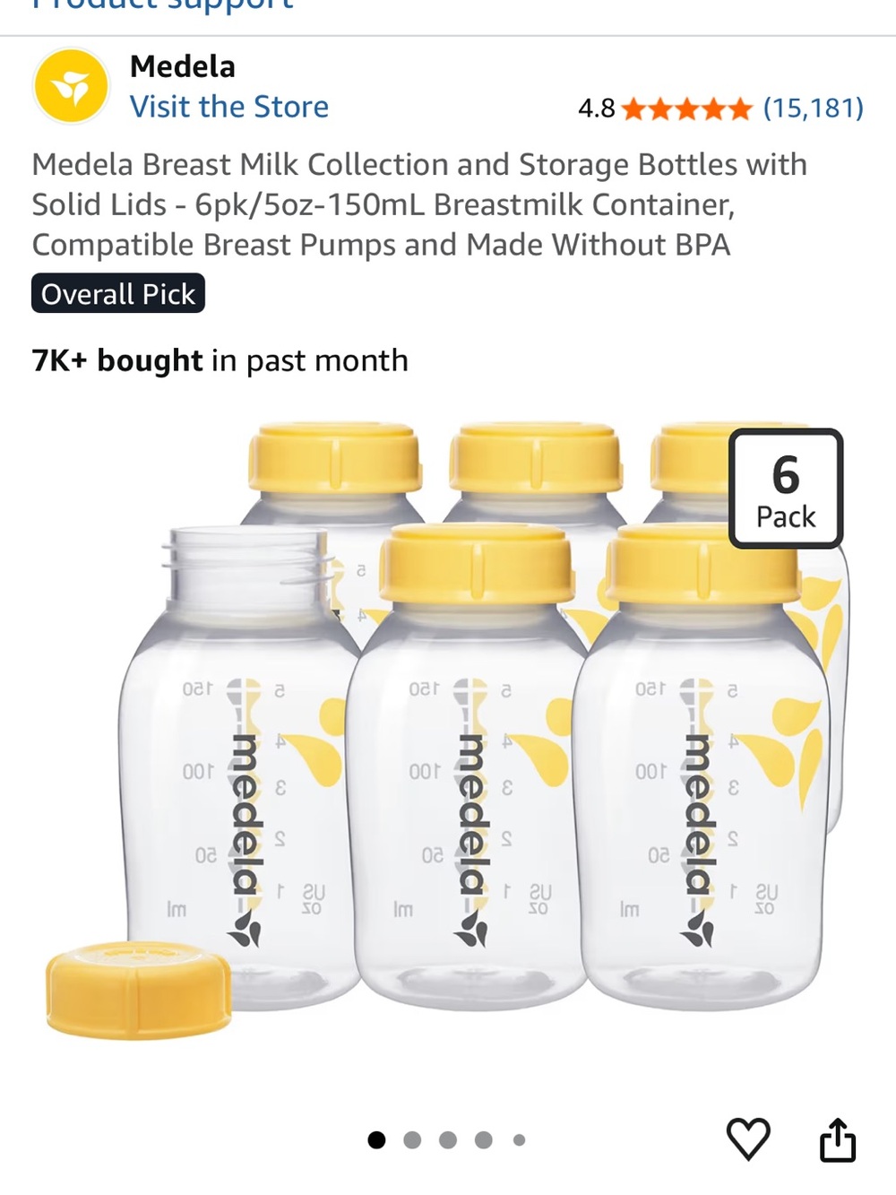 Medela Clear Breast Milk Bottles with Yellow Lids - 6 Pack